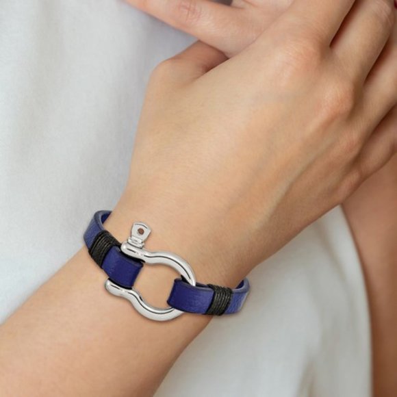 Stainless Steel Nautical Mariner Black and Blue Leather 8.25in Shackle Bracelet - Picture 4 of 4